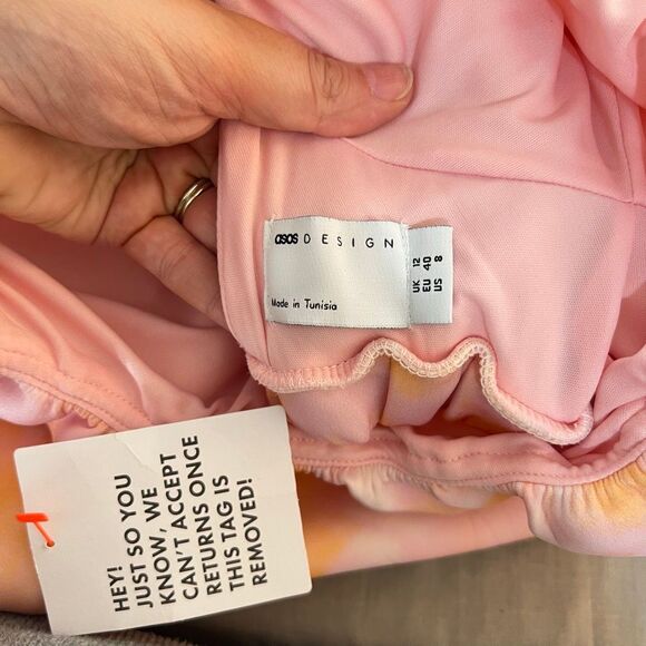 Asos NWT Pink Orange Bubble Smock Puff Sleeve Scuba Open Back Mini Dress Size 8 - Picture 7 of 10